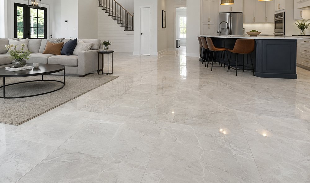 Open-concept living space with large-format tile flooring by SafeTech Builders